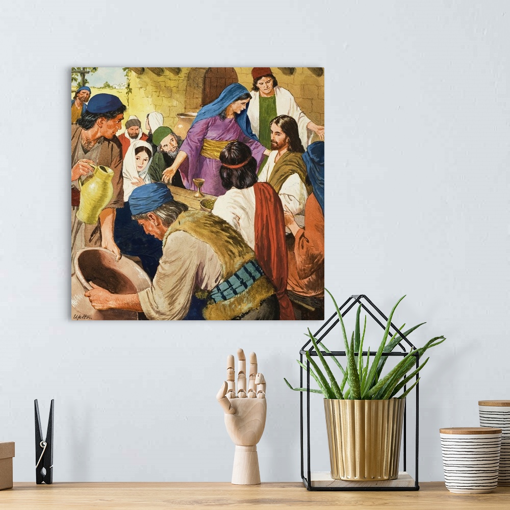 A bohemian room featuring The Miracles of Jesus: The water is changed to wine. Original artwork for illustration on page 9 ...