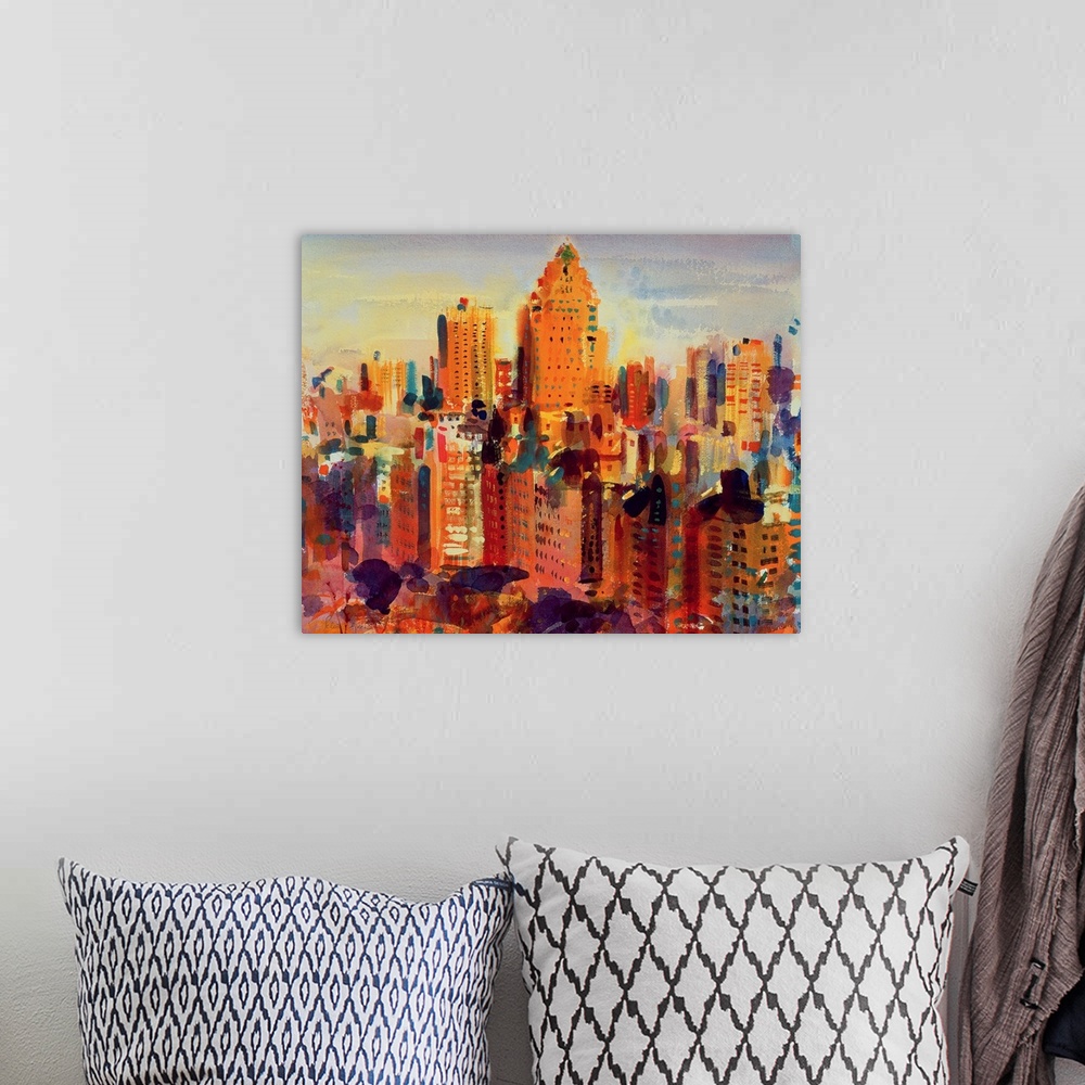 A bohemian room featuring Big contemporary art portrays an aerial view of the tall skyscrapers and buildings that fill New ...