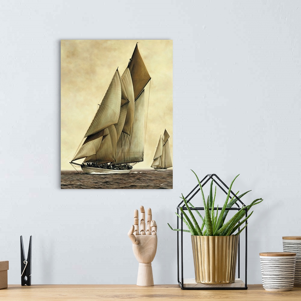 A bohemian room featuring Contemporary painting of two sailboats in the middle of the ocean with sepia tones.