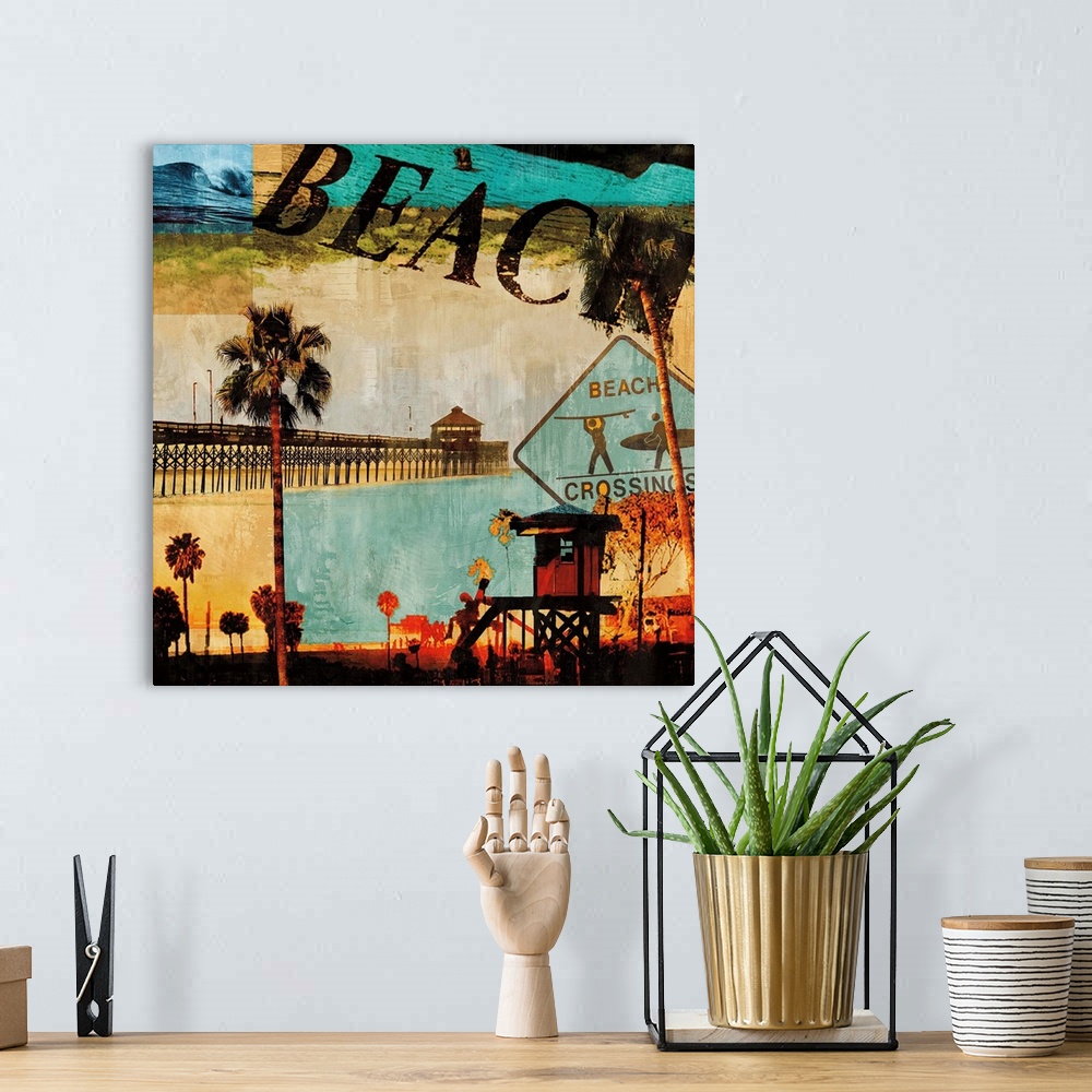 A bohemian room featuring Square beach themed decor with shades of blue, red, green, orange, and tan.
