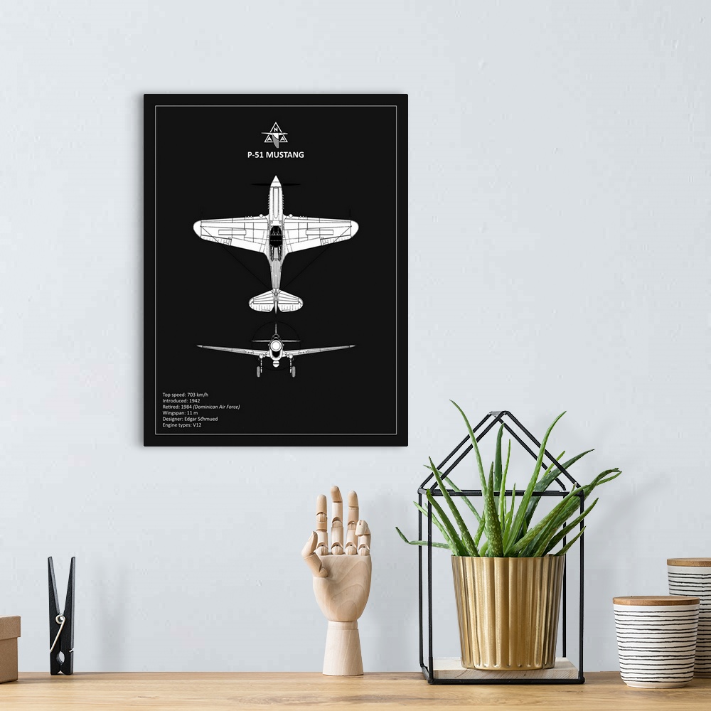 A bohemian room featuring Black and white diagram of a BP P-51 Mustang with written information at the bottom, on a black b...