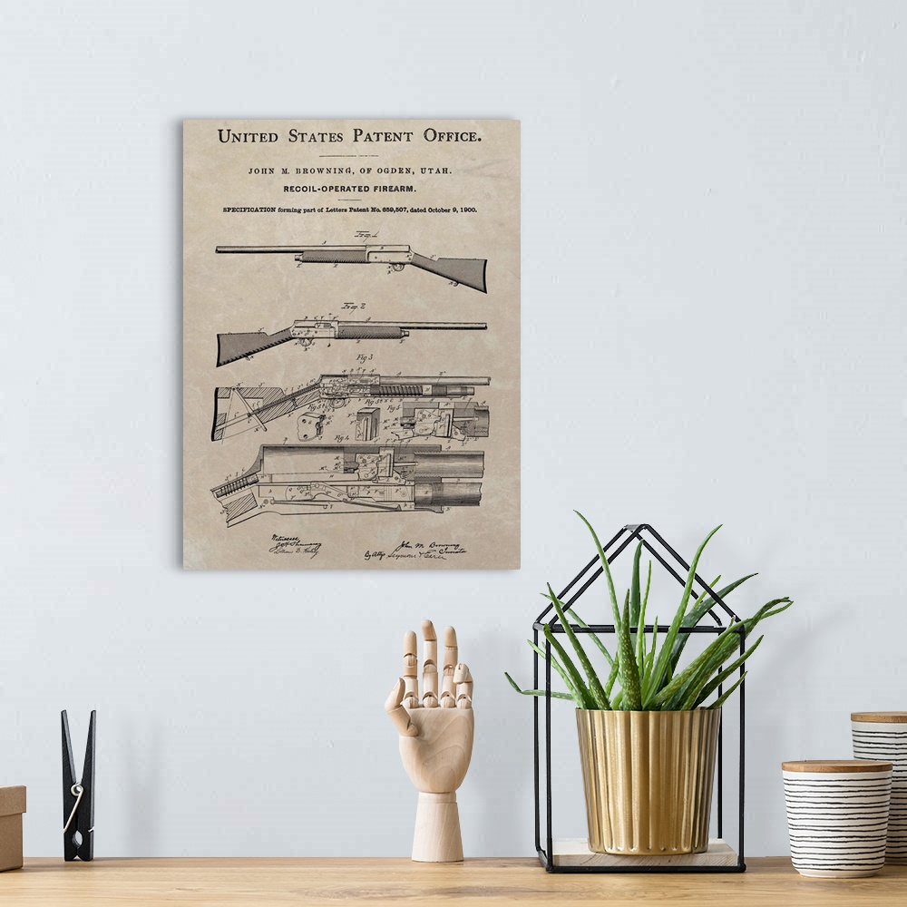 A bohemian room featuring Antique style blueprint diagram of a Browning Recoil Firearm printed on a brown background.
