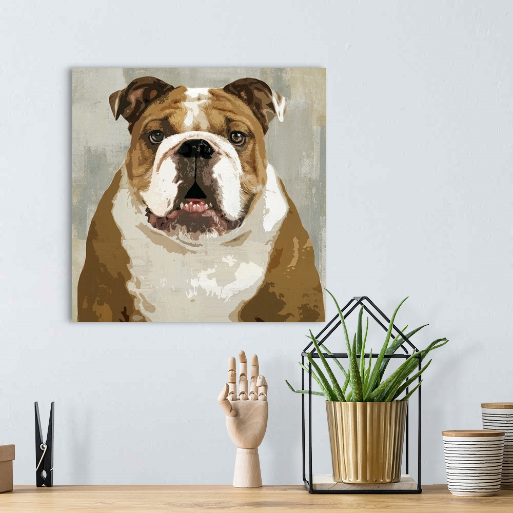 A bohemian room featuring Square decor with a portrait of a Bulldog on a layered gray, blue, and tan background.