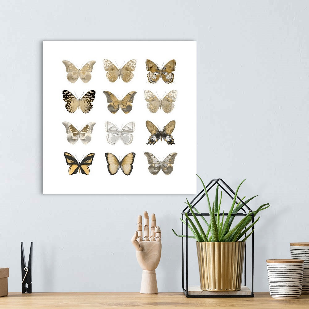 A bohemian room featuring Square decor with nine gold and silver butterflies in three rows on a solid white background.