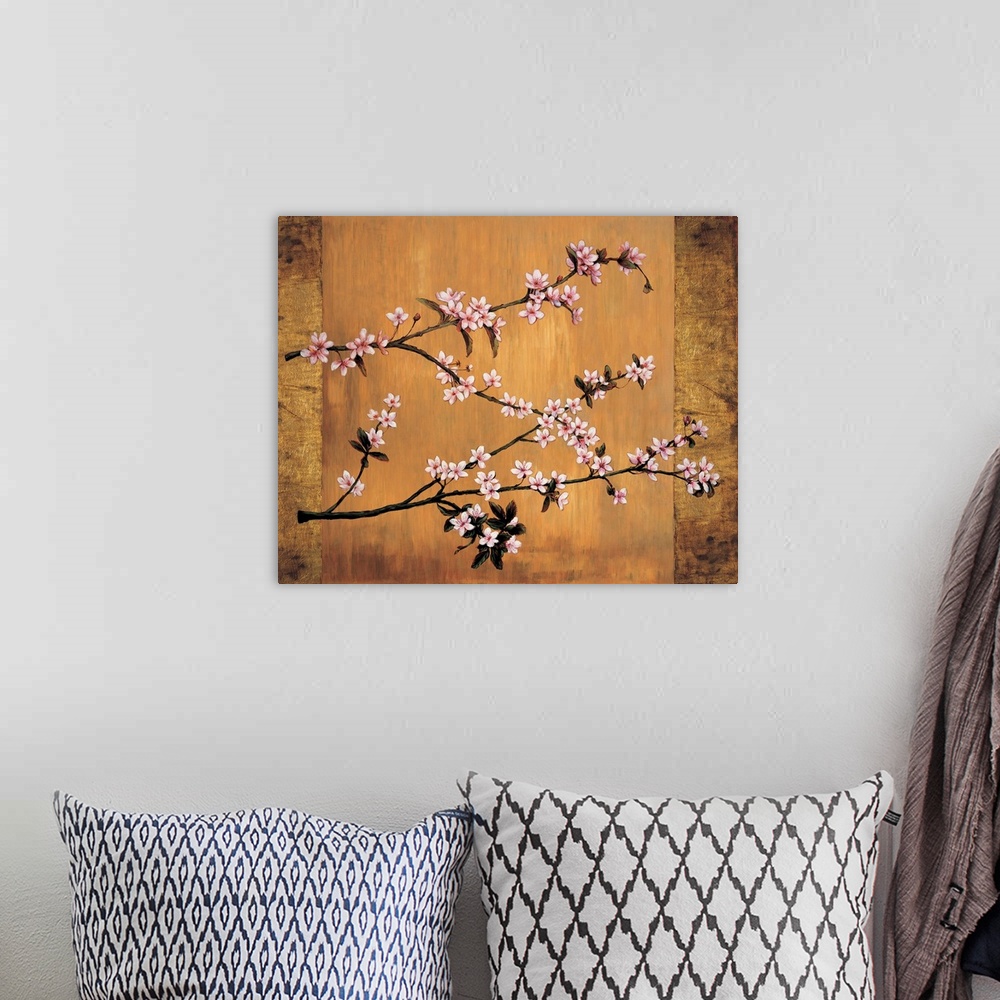 A bohemian room featuring Contemporary painting of pink cherry blossom flowers on branches on a background with shades of g...