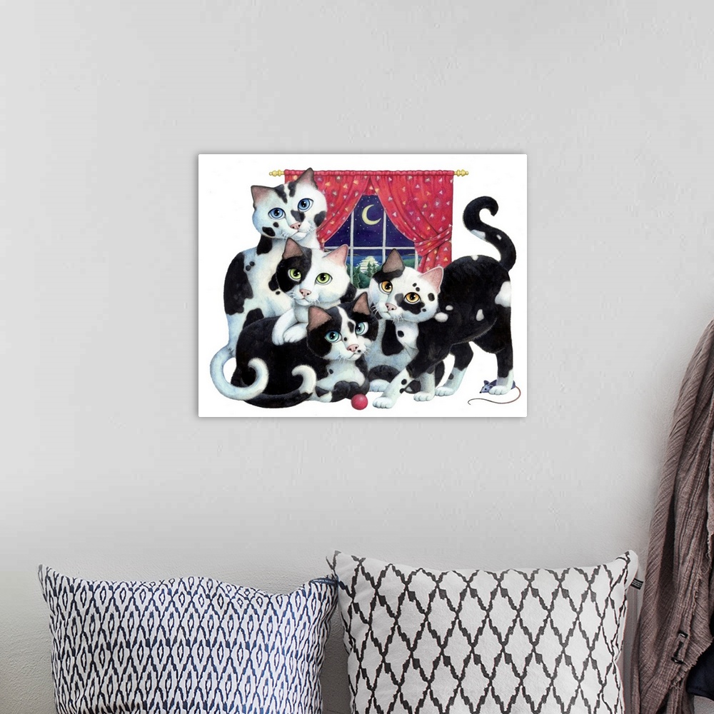 A bohemian room featuring Illustration of four black and white cats in front of a window with cred curtains.