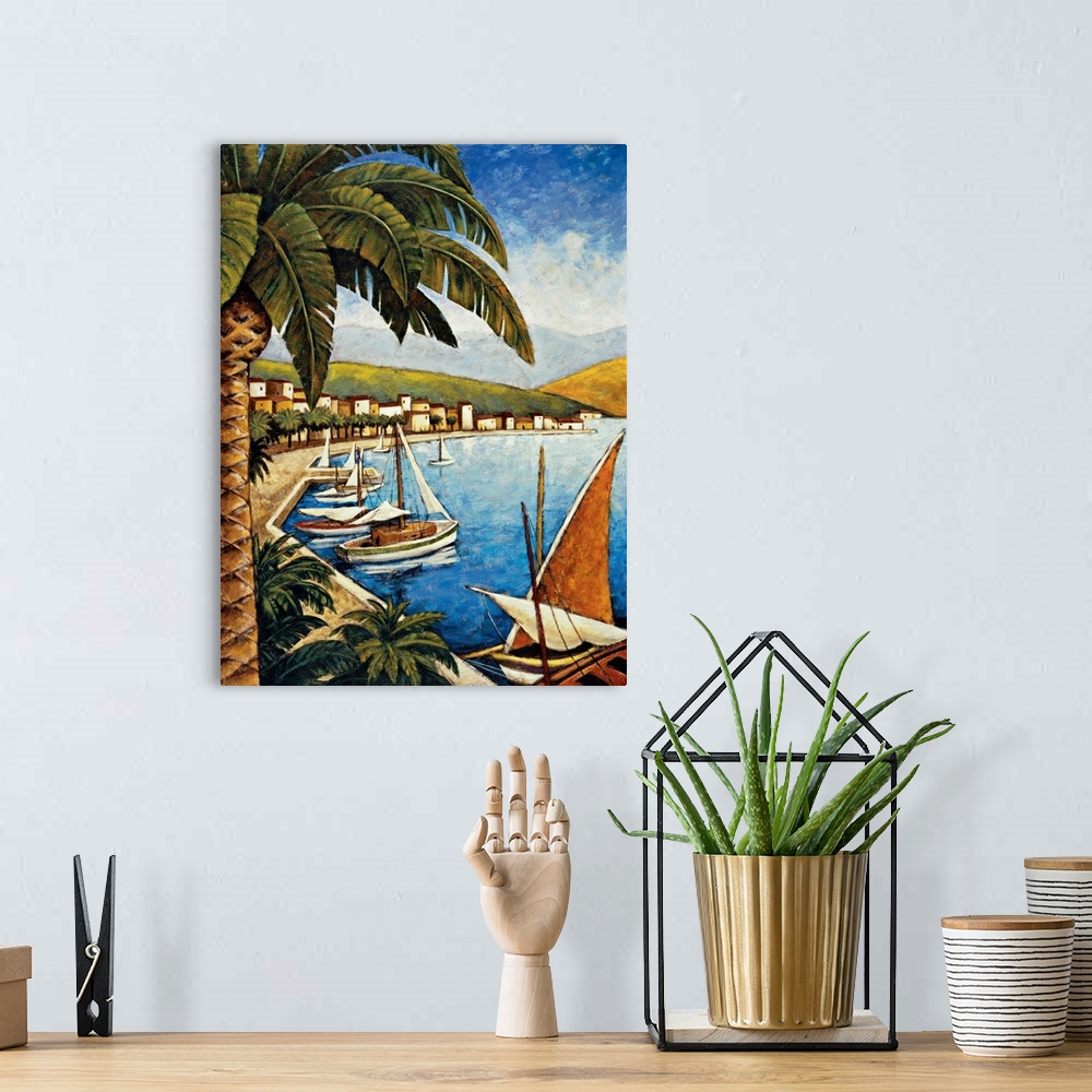 A bohemian room featuring Contemporary painting of sailboats docked in a harbor with a village in the background and palm t...