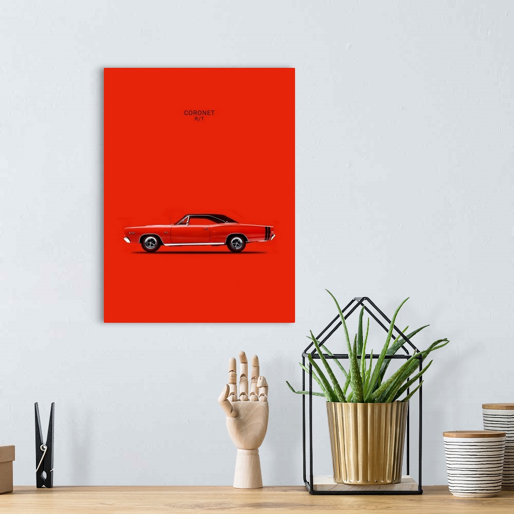 A bohemian room featuring Photograph of a bright red Dodge Coronet RT426 Hemi 1968 printed on a red background
