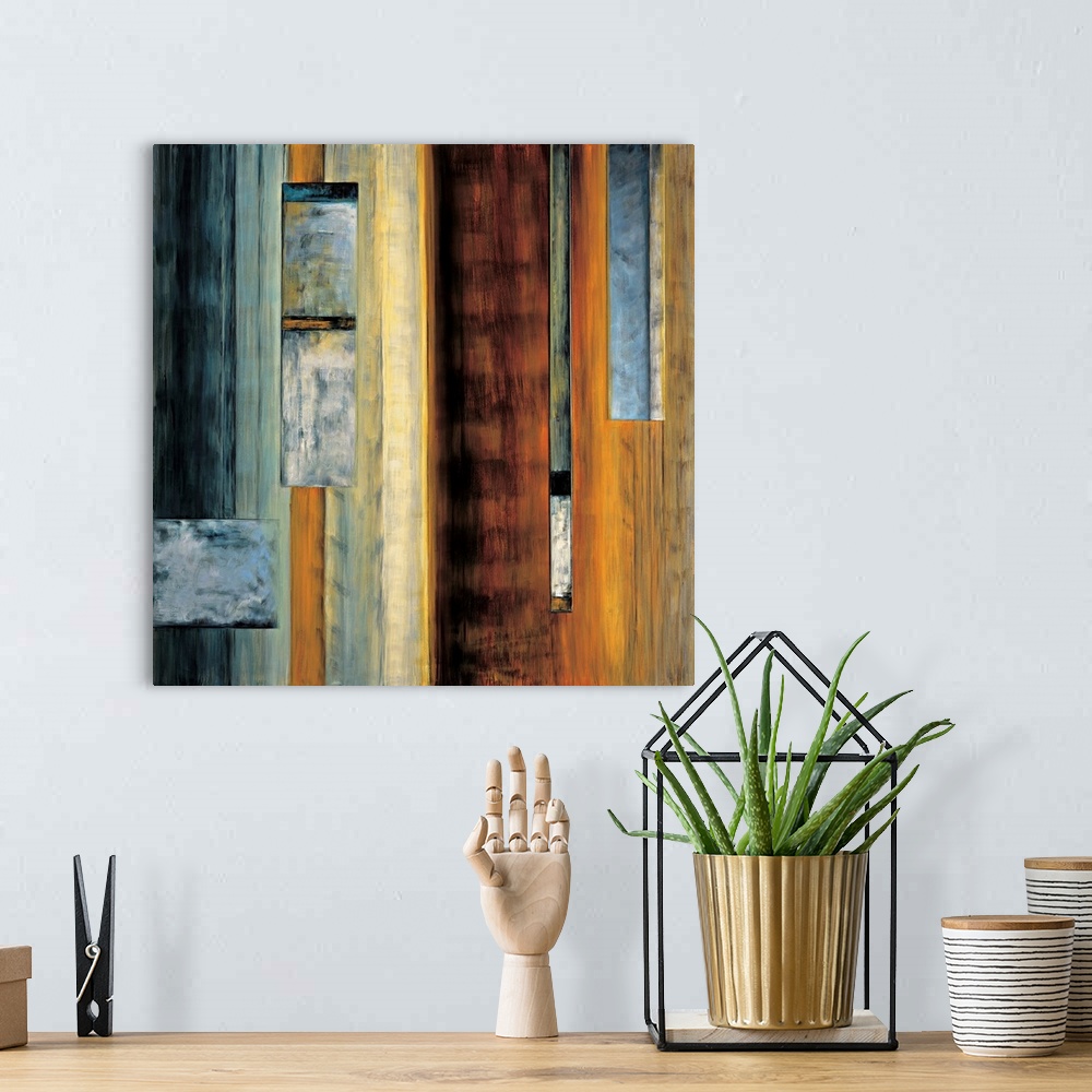 A bohemian room featuring Square abstract art with vertical lines in the background and rectangular shapes on top in shades...