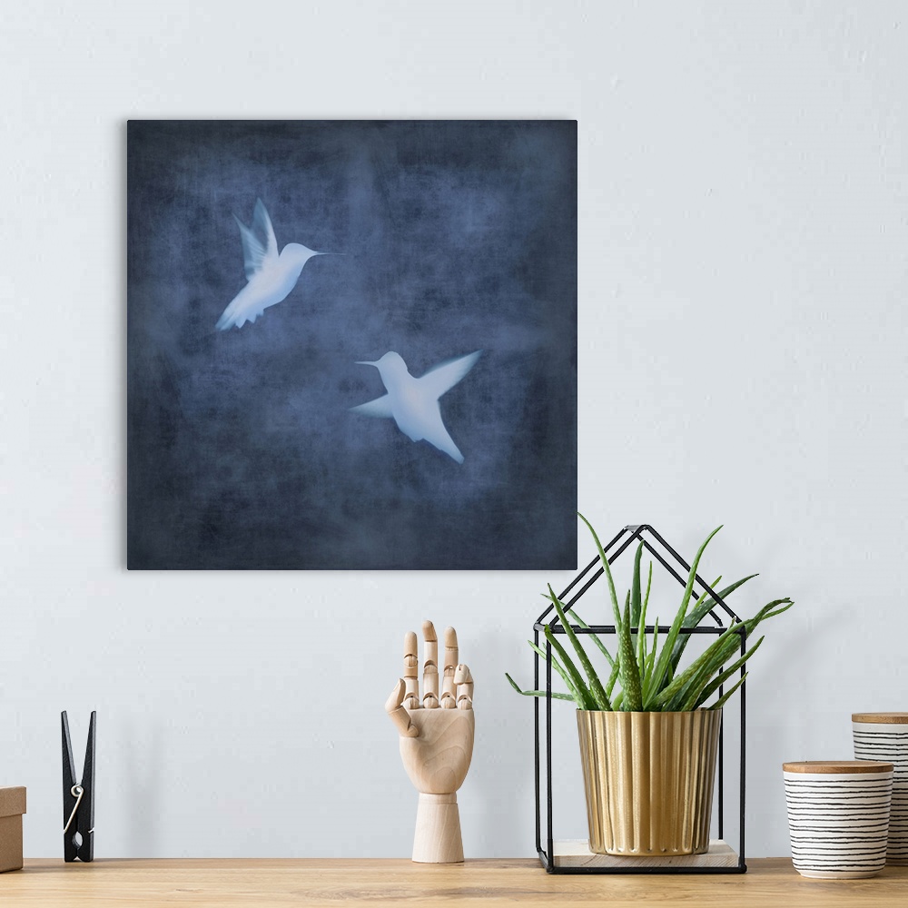 A bohemian room featuring Square decor with two white silhouetted birds in flight on an indigo background.