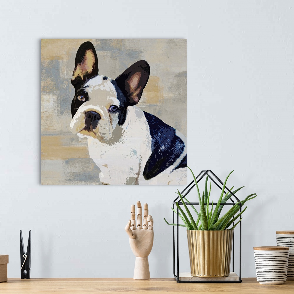 A bohemian room featuring Square decor with a portrait of a French Bulldog on a layered gray, blue, and tan background.