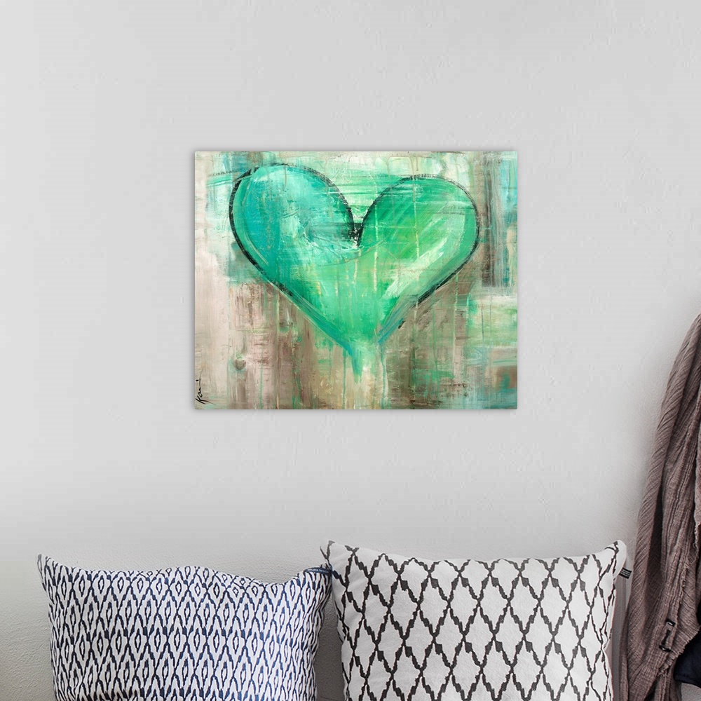 A bohemian room featuring Full of warmth and emotion, this heart artwork is shaped by varying green brush strokes and paint...