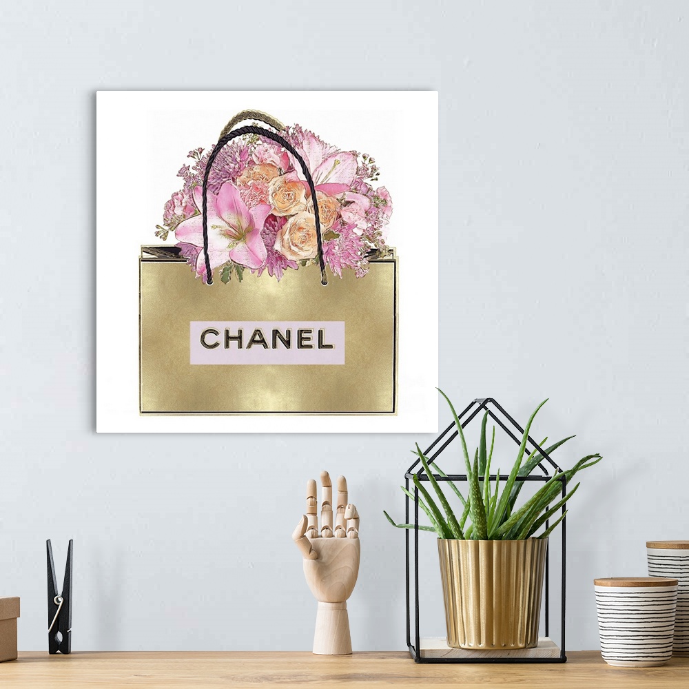 Wall Decor  Louis Vuitton Tote With Pink Bouquet On Gold Framed