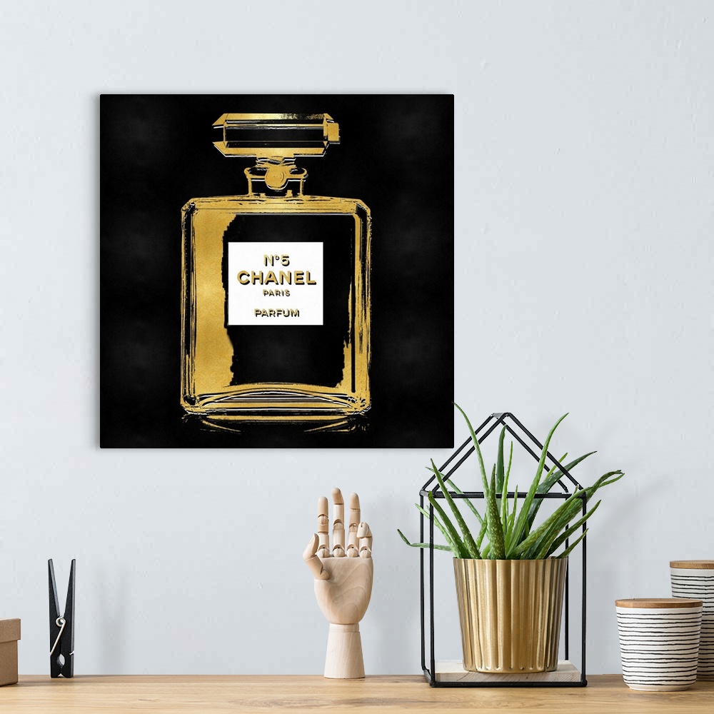 Gold Perfume on Black Solid-Faced Canvas Print