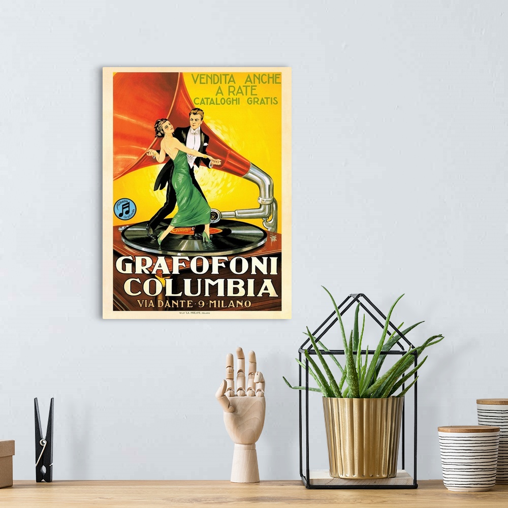A bohemian room featuring Vintage advertisement of Grafofoni Columbia, 1920 ca