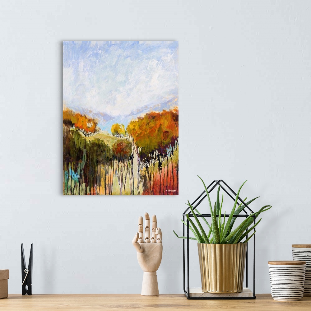 A bohemian room featuring Abstract landscape painting with thin trees with paint running to the bottom of the canvas and a ...