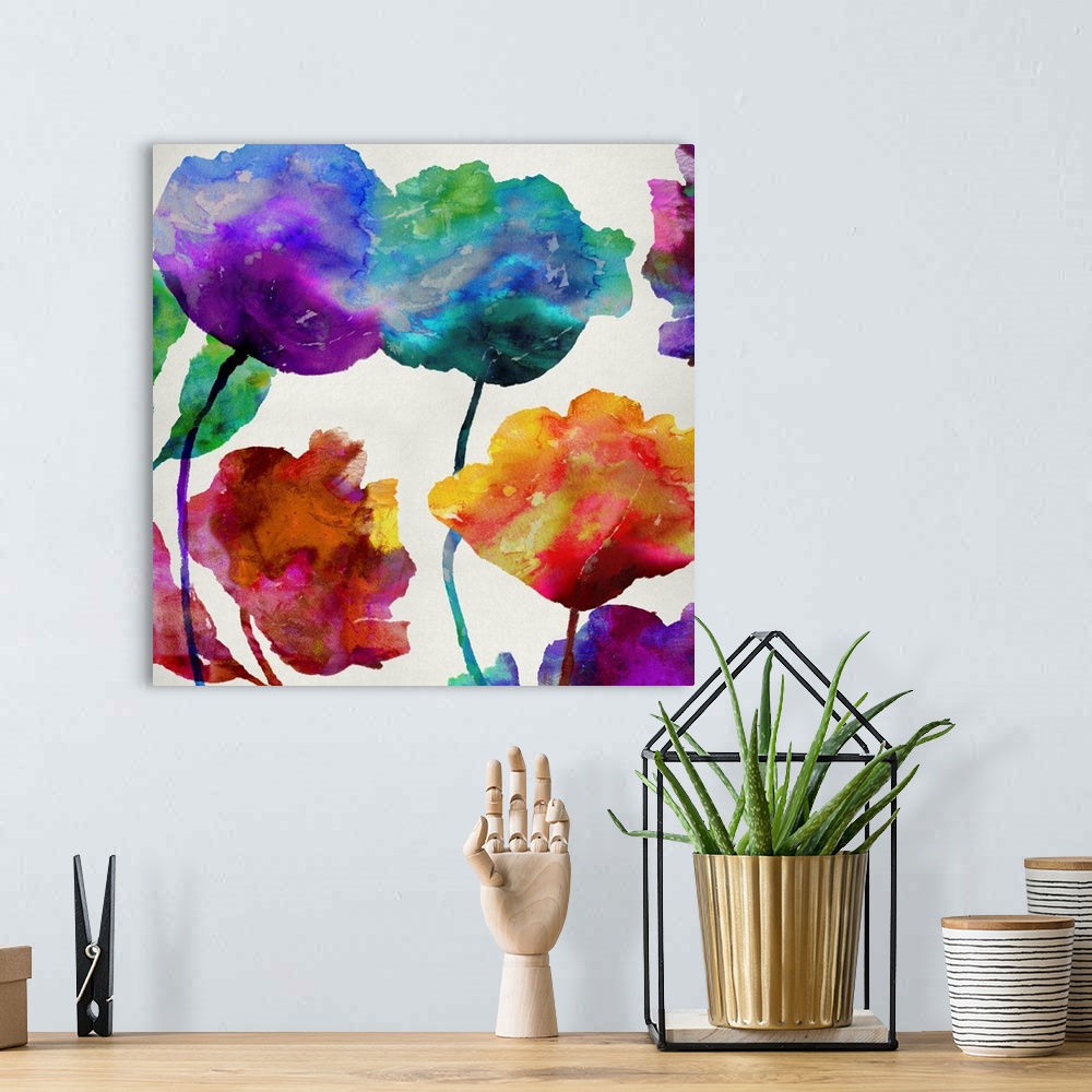 A bohemian room featuring Square art with silhouettes of flowers with multiple colors melding together with a watercolor lo...