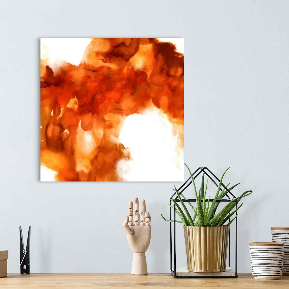 A bohemian room featuring Square abstract art with shades of orange on a solid white background.