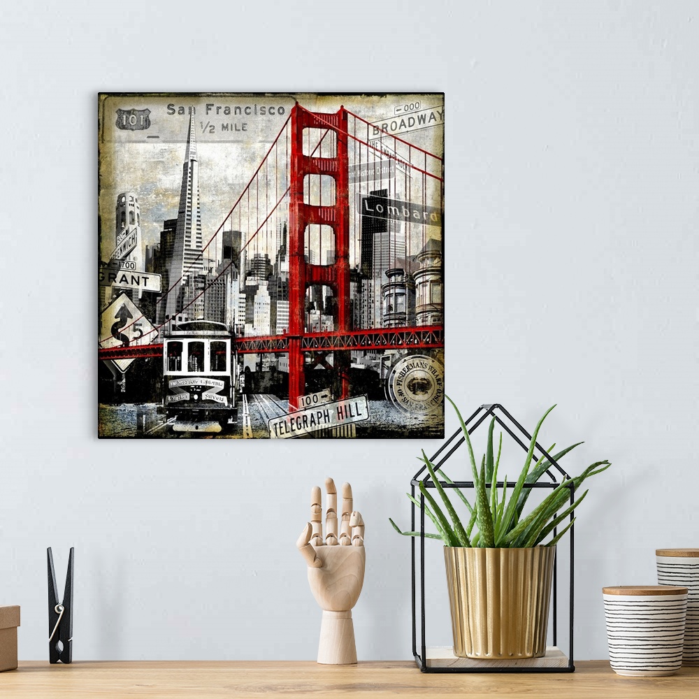 A bohemian room featuring Square decor highlighting the famous landmarks in San Francisco.