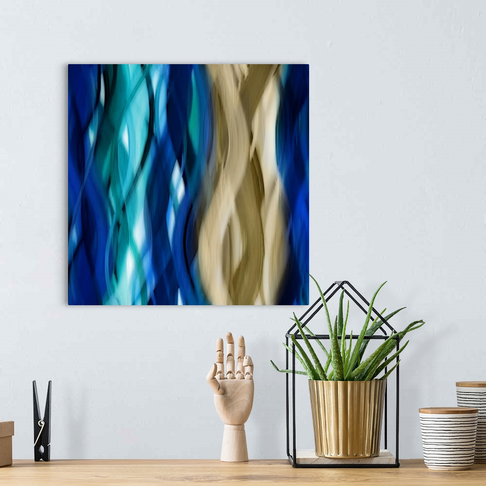 A bohemian room featuring Square abstract art with blurred, wavy ribbons running vertically along the canvas from top to bo...