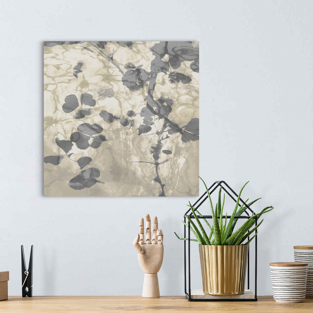 A bohemian room featuring Contemporary artwork featuring soft gray petals over a mottled background in shades of beige.