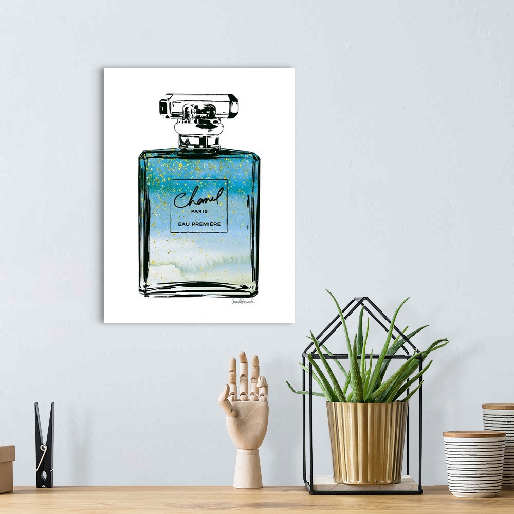 Wynwood Studio Fashion and Glam Wall Art Canvas Prints 'Coco Water Love'  Perfumes - Blue, Gold 