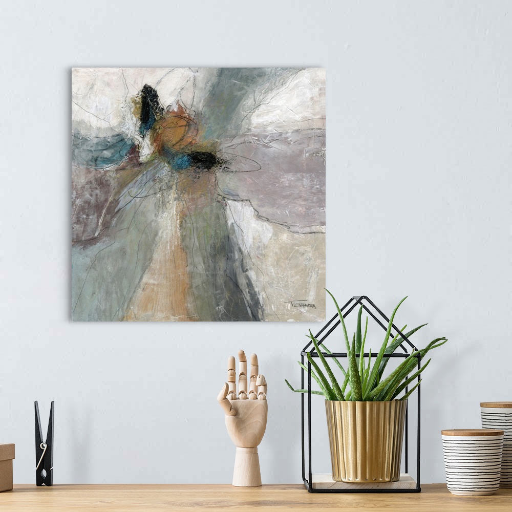 A bohemian room featuring Textured square abstract painting with muted pastel colors in sections around the canvas and thin...