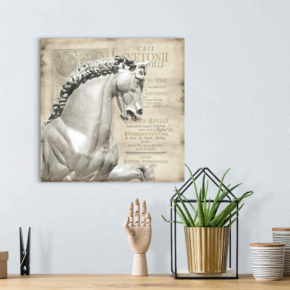A bohemian room featuring Square renaissance themed decor with Leonardo's Horse in Milan sculpture in the foreground and te...