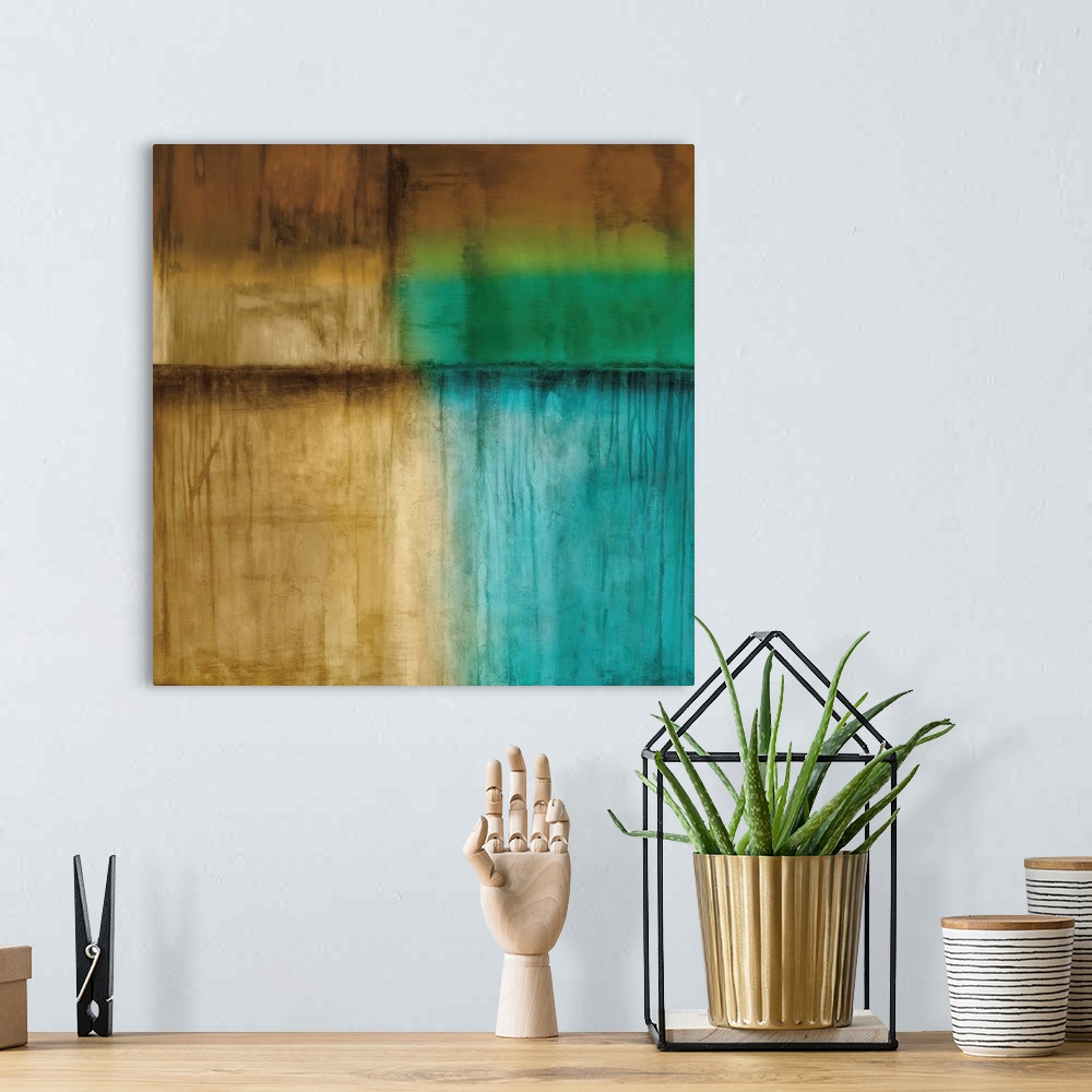 A bohemian room featuring Square abstract painting in shades of brown, blue, and green.