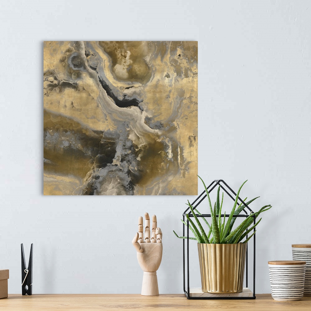 A bohemian room featuring Contemporary artwork featuring a deluge of grays and gold colors that have been edited to a marbl...