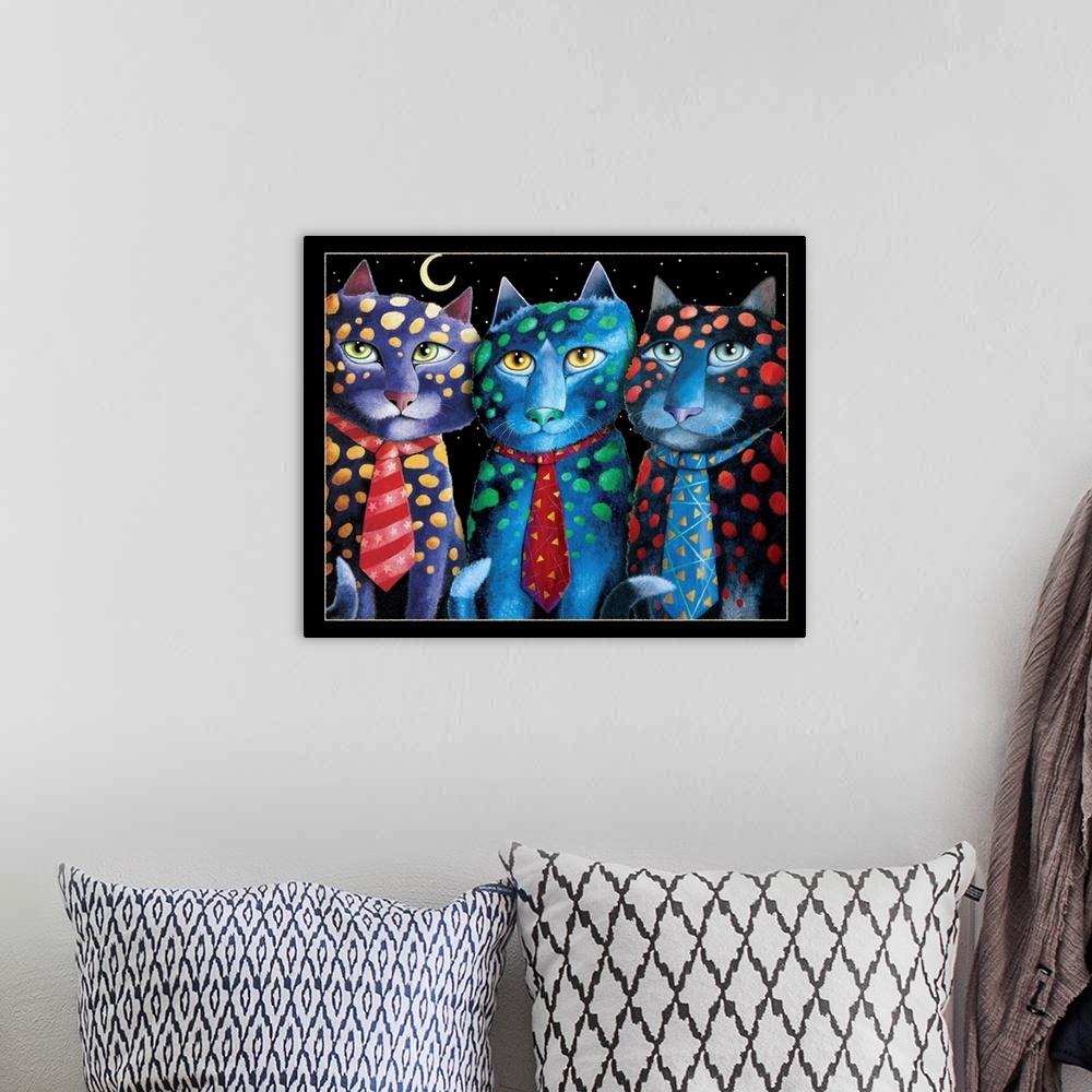 A bohemian room featuring Illustration of three cats covered in polka dots and wearing fancy ties.