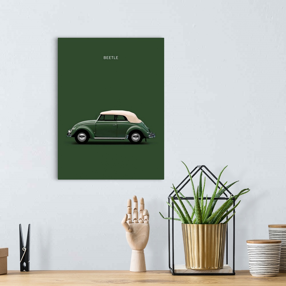 A bohemian room featuring Photograph of a dark green VW Beetle Green 53 with a cream hood printed on a green background