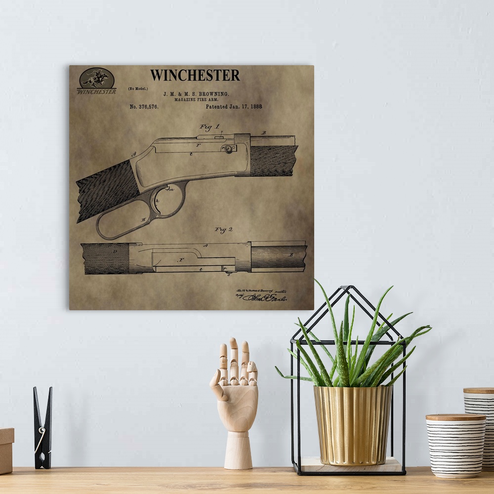 A bohemian room featuring Square blueprint for a Winchester Magazine Fire Arm, patented on January 17, 1888.
