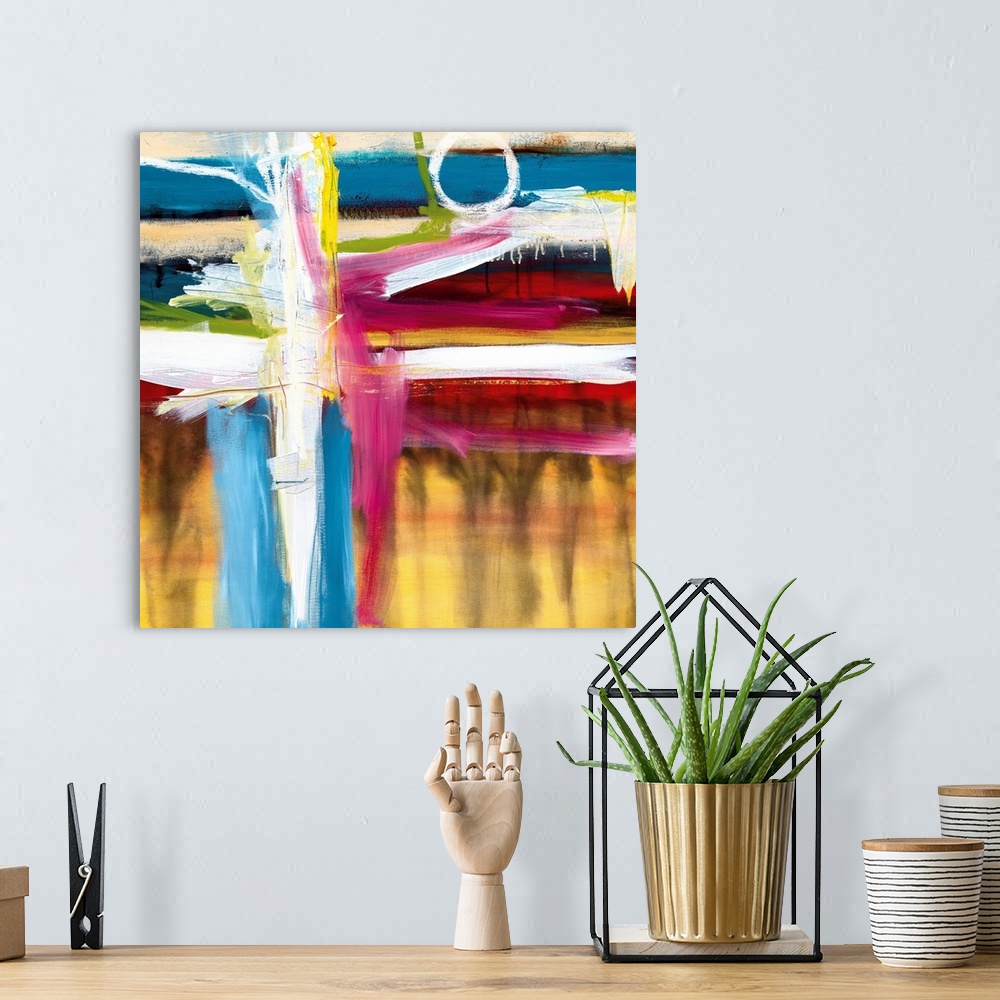A bohemian room featuring Abstract painting in vibrant colors of yellow, blue and red with bold vertical and horizontal bru...