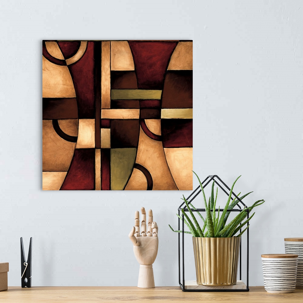 A bohemian room featuring Abstract painting of squared and curved shapes overlapping in earth color tones.
