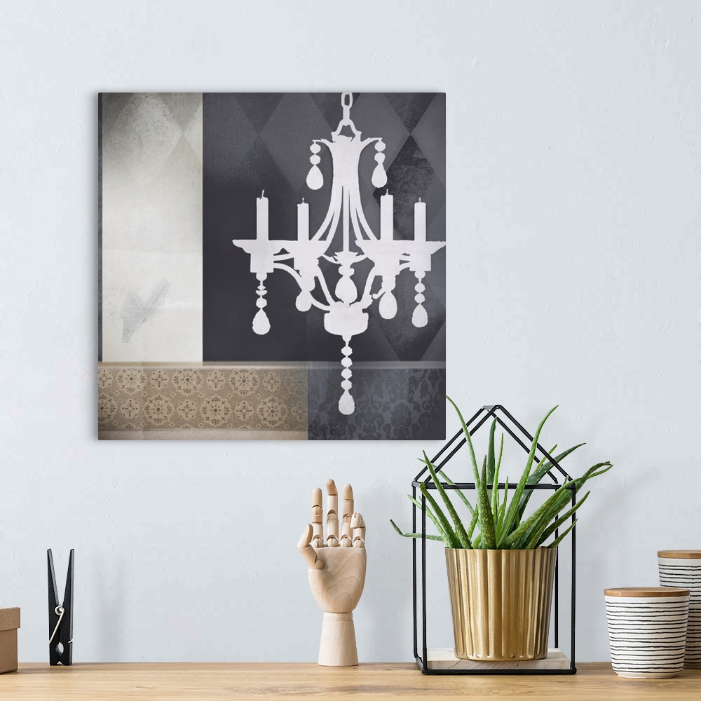 A bohemian room featuring Square contemporary artwork of a white chandelier against a pattern wall.