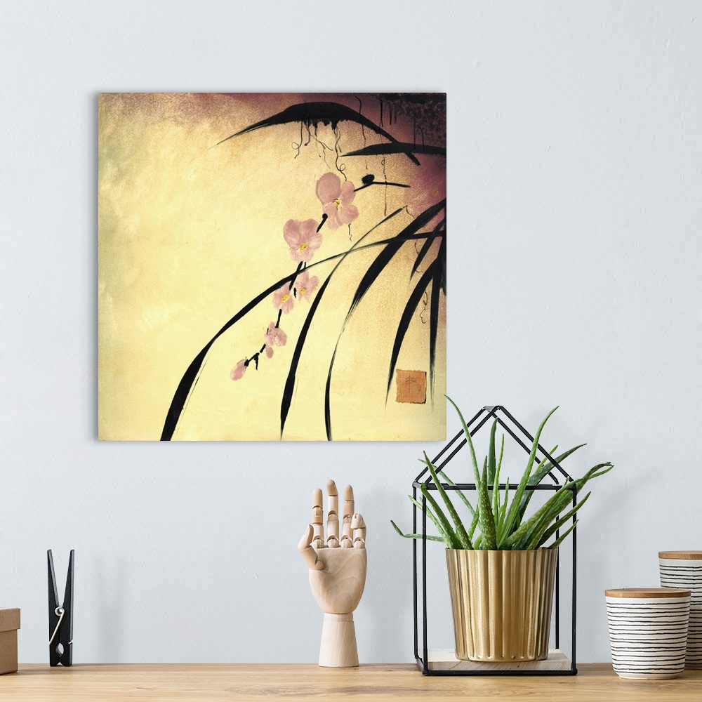 A bohemian room featuring Square painting of pink orchid plant against of yellow background.