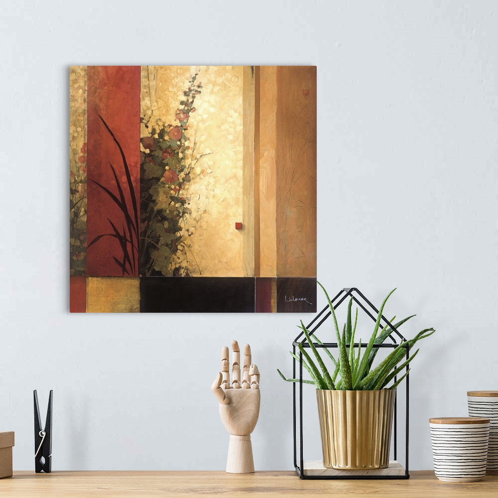 A bohemian room featuring A contemporary Asian theme painting with flowers and a square grid design.