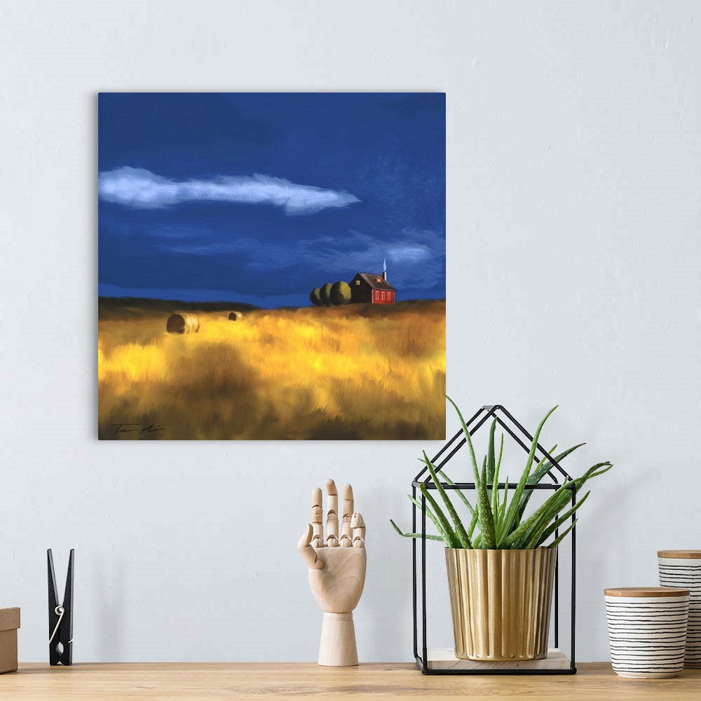 A bohemian room featuring Painting of a red farmhouse in a wheat field with hay bales.