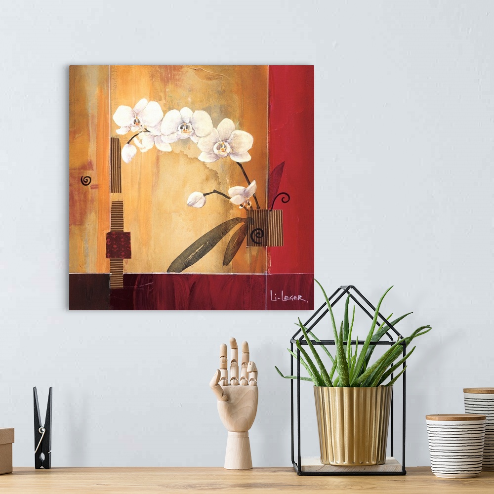 A bohemian room featuring A contemporary painting of white orchids with a square grid design.