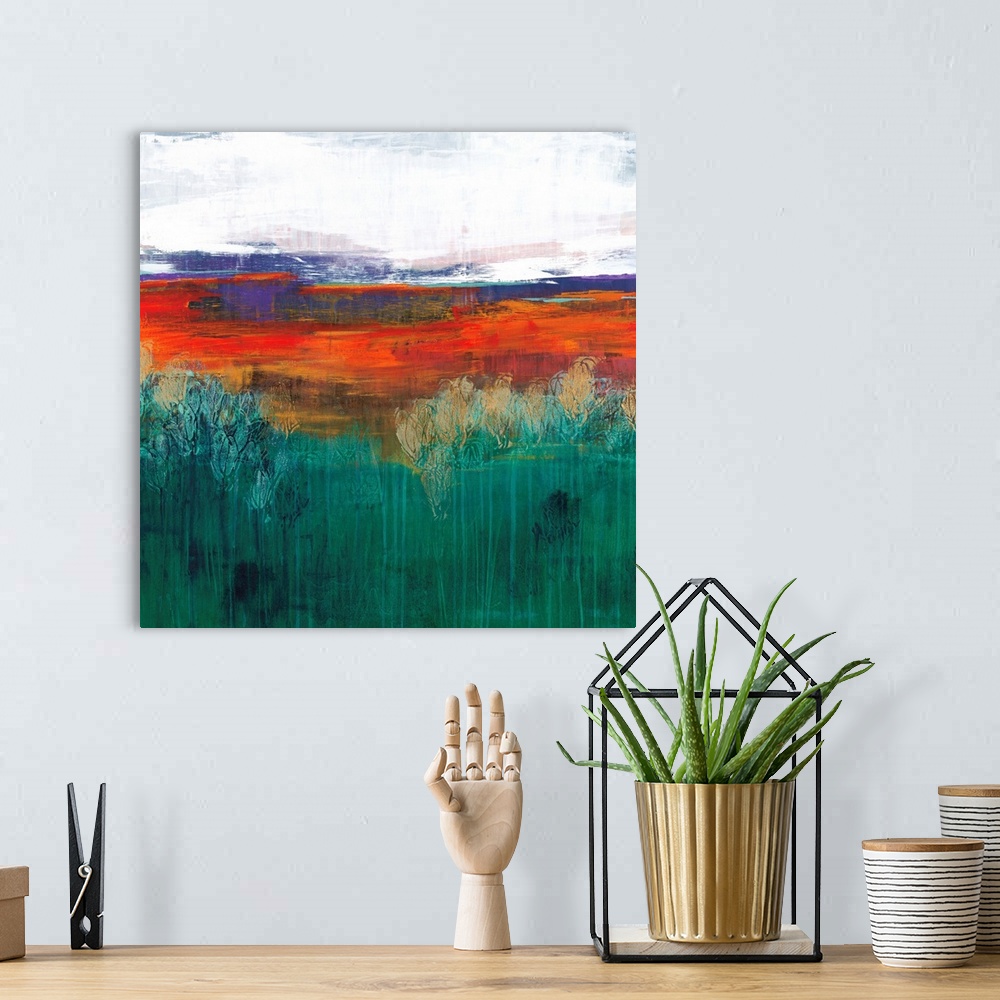 A bohemian room featuring Square abstract painting in textured colors of green, orange, red and gray.