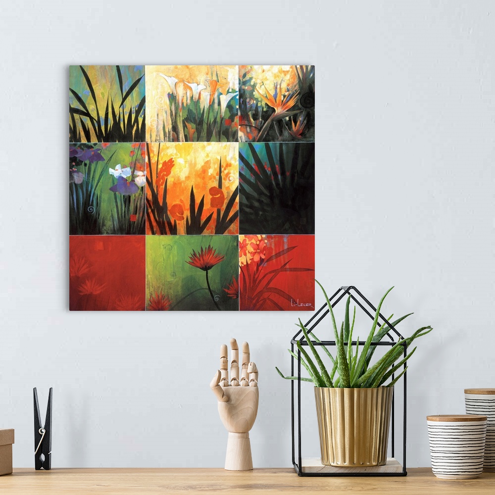 A bohemian room featuring Square painting of nine images of leaves and flowers in different colors and views.