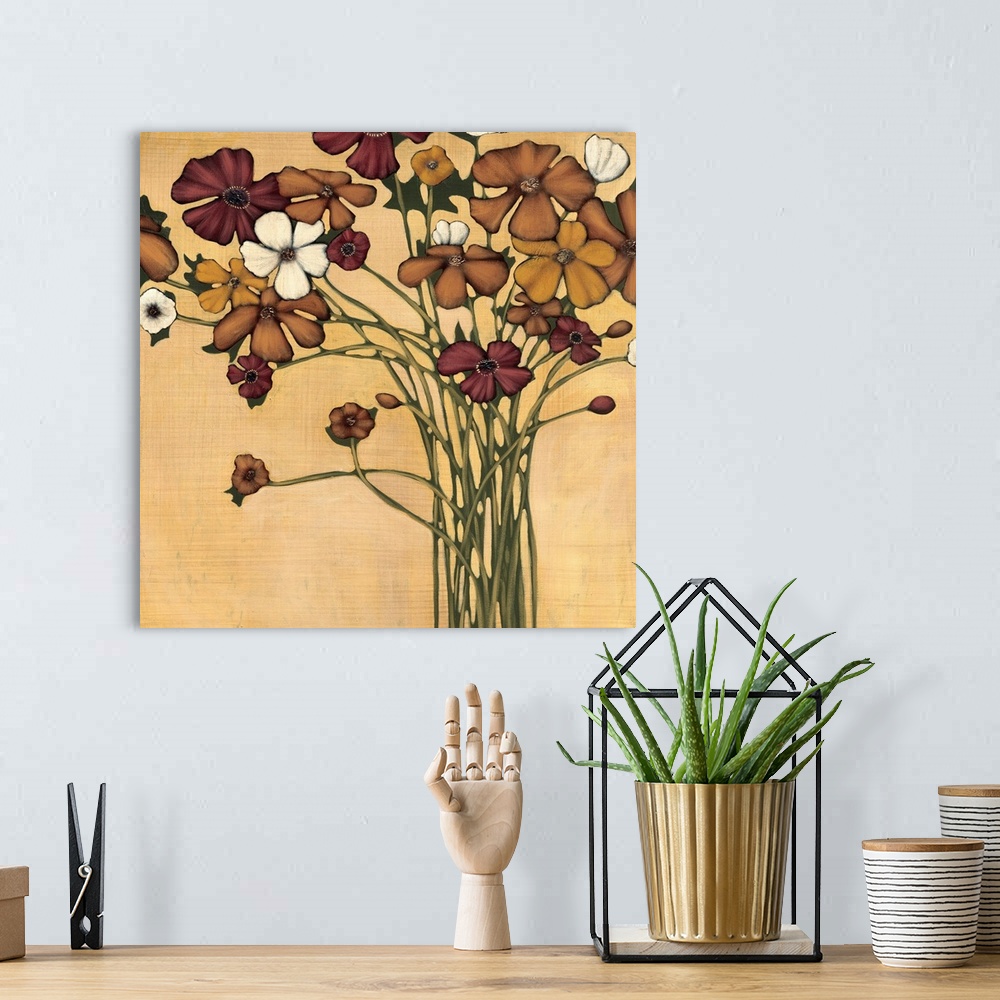 A bohemian room featuring Square painting of a group of flowers in muted earth tones of brown, red, gold and white.