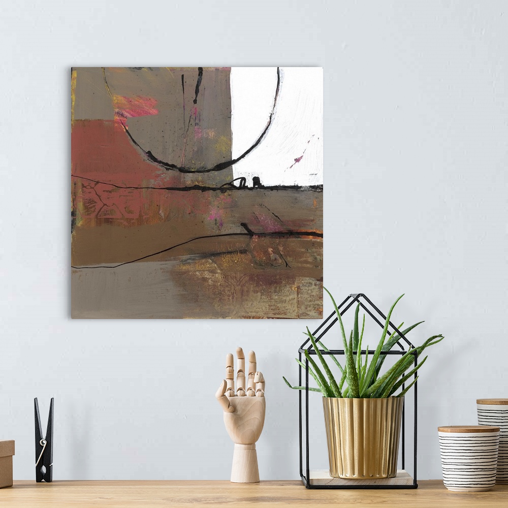 A bohemian room featuring A square abstract painting in neutral tones with fine black lines and textured strokes.