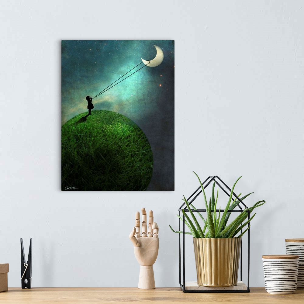 A bohemian room featuring A vertical digital composite of a small child roping the moon.