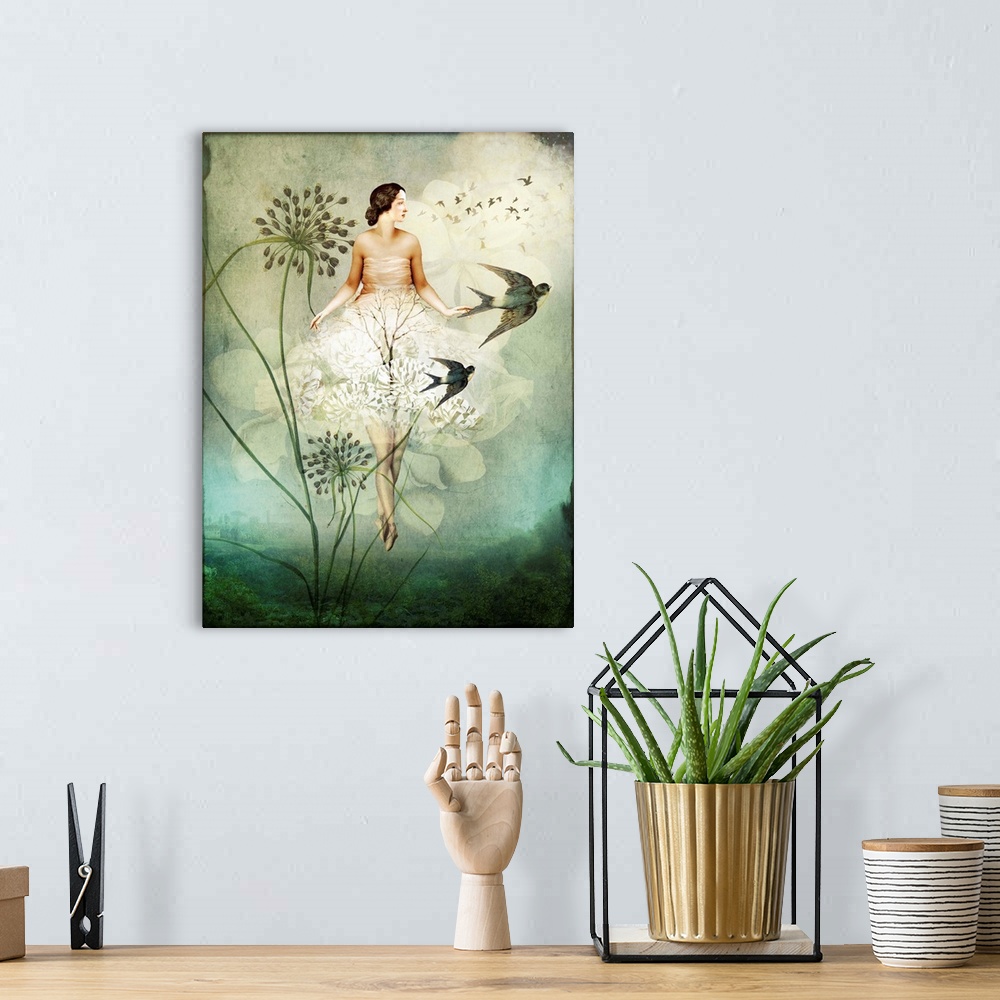 A bohemian room featuring A woman floating in the sky with white flowers as bird passes by.