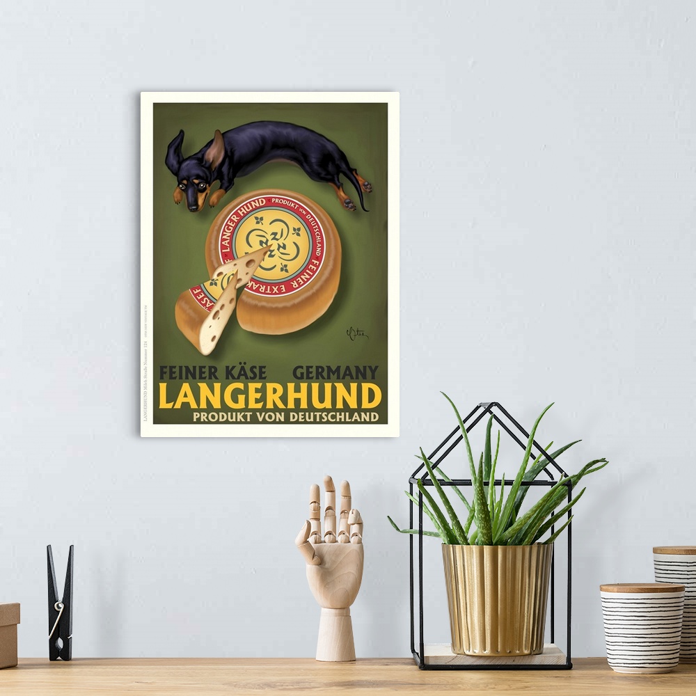 A bohemian room featuring Retro style advertising poster featuring Dachshund with German Cheese