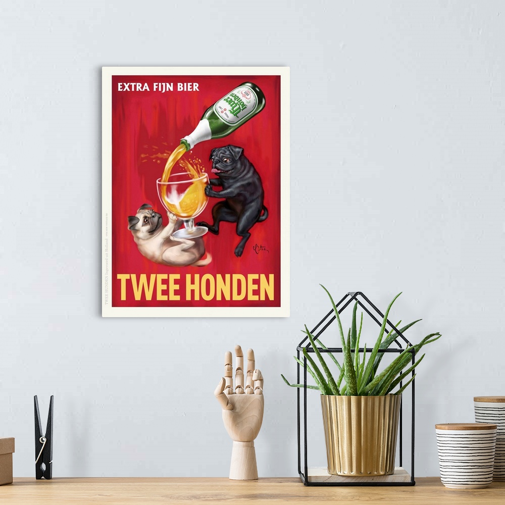 A bohemian room featuring Retro style advertising poster featuring Pugs with Dutch Beer