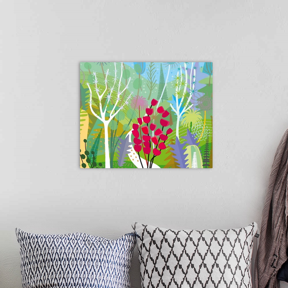 A bohemian room featuring Garden with spring colors and mood,illustration and painting.