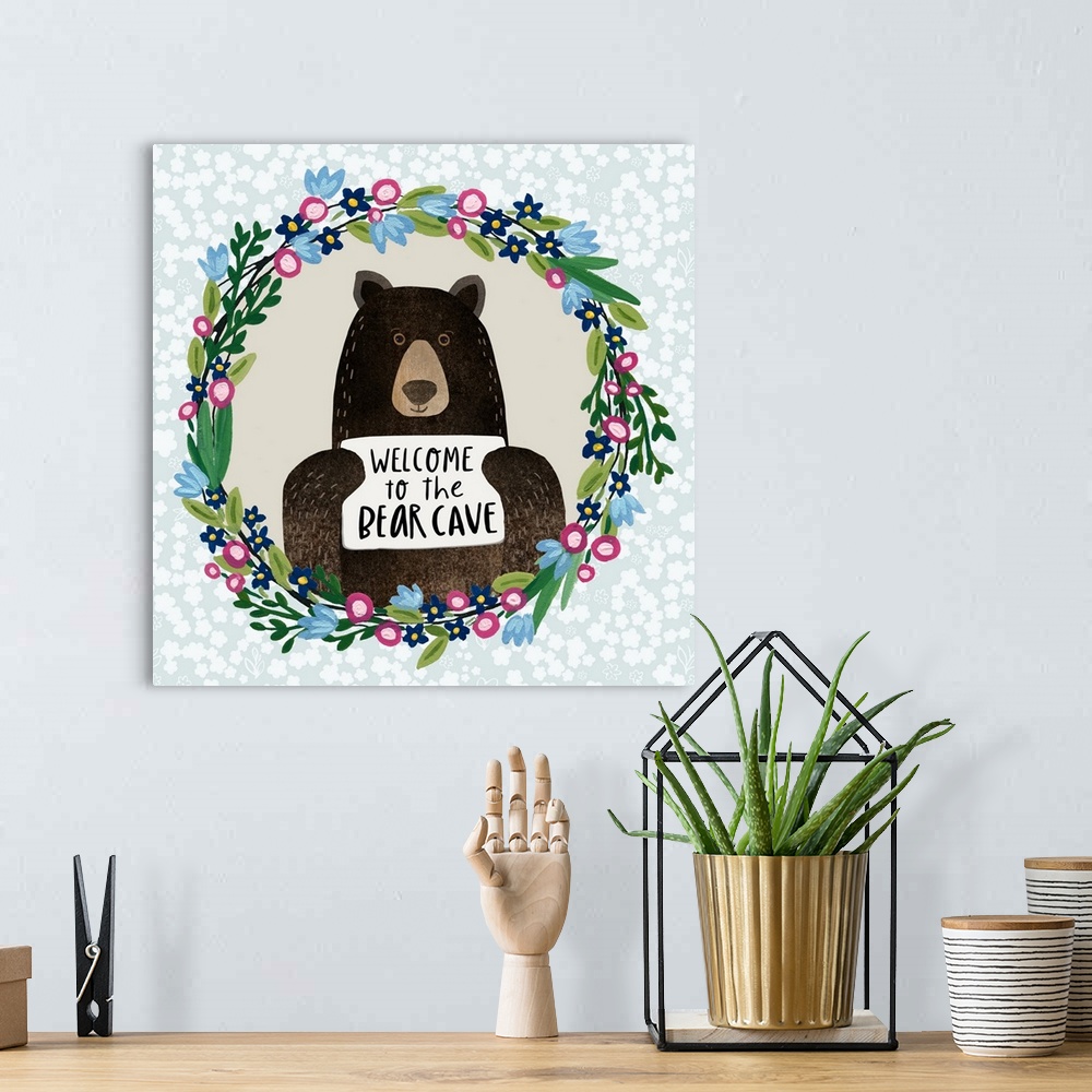 A bohemian room featuring A perfect piece of art for any Bear Cave in your home!